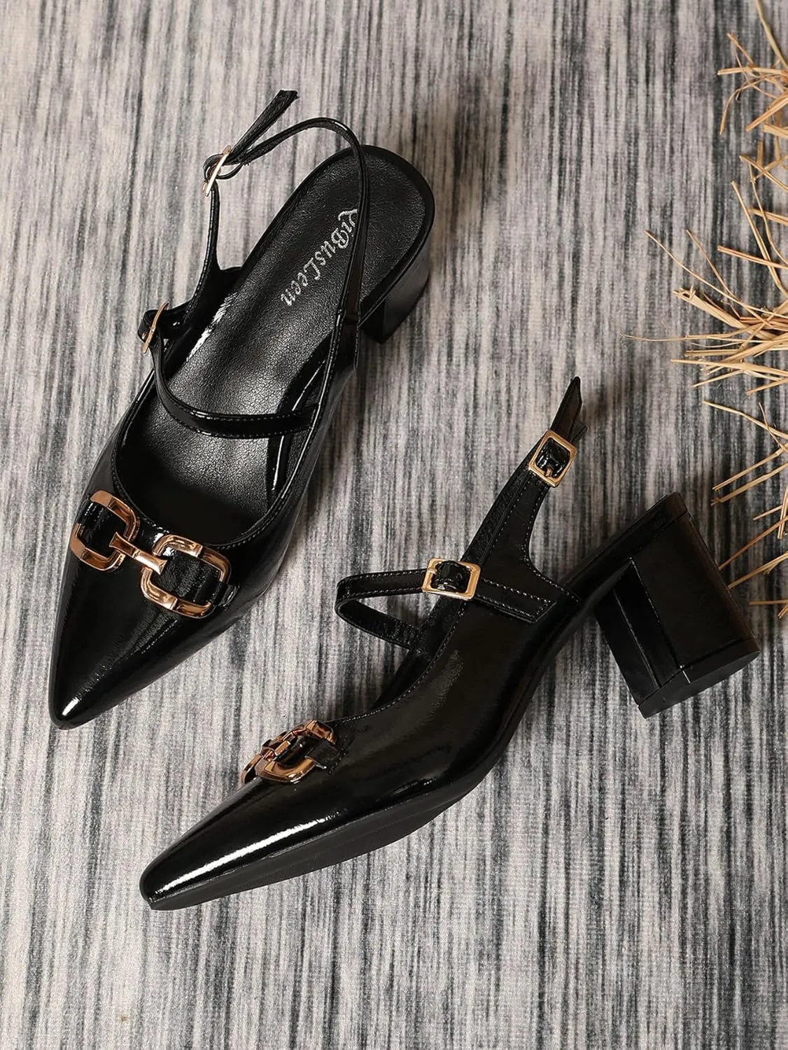 Closed Pointy Toe Chunky Slingback Heels Women's Block Slingback Pumps with Metal Chain & Adjustable Buckle Straps Dress Shoes for Women Work Party Wedding 2.4"