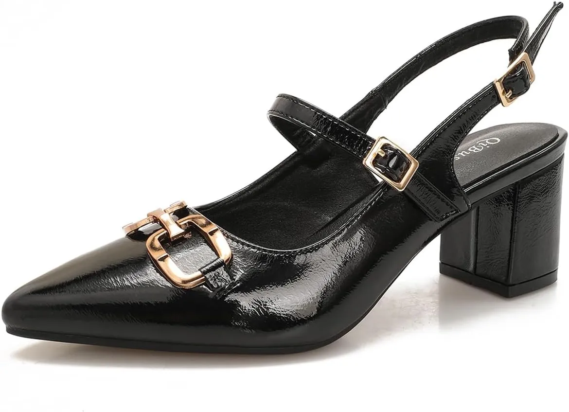 Closed Pointy Toe Chunky Slingback Heels Women's Block Slingback Pumps with Metal Chain & Adjustable Buckle Straps Dress Shoes for Women Work Party Wedding 2.4"