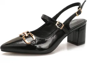 Closed Pointy Toe Chunky Slingback Heels Women's Block Slingback Pumps with Metal Chain & Adjustable Buckle Straps Dress Shoes for Women Work Party Wedding 2.4"