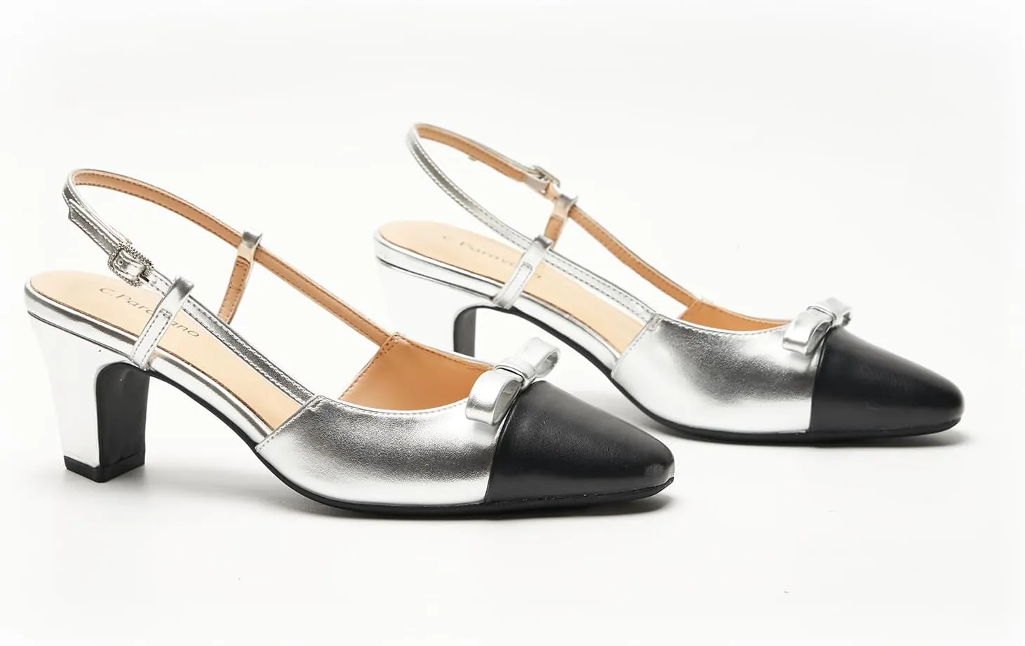 C.Paravano Women's Slingback Low Chunky Heels Round Toe Block Heel Pumps Splicing Bowknot Slip On Fashion Party Dress Shoes