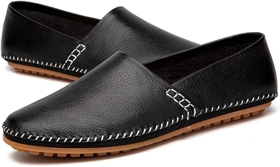 Driving Moccasins for Men Genuine Leather Round Toe Stitching Details Resistant Flexible Lightweight Flat Heel Anti-Slip Casual Slip on for Any Attire