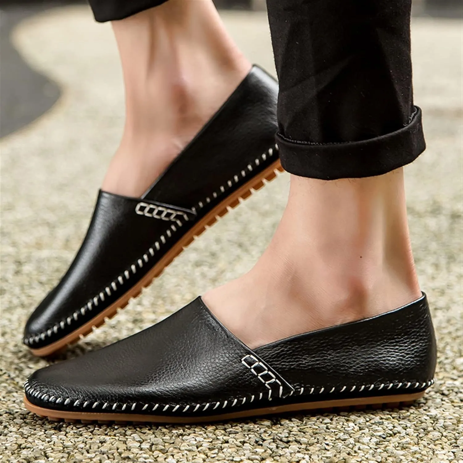 Easy to Put and Remove. Driving Moccasins Loafer Shoes for Men Genuine Leather Round Toe Stitching Details Lightweight Anti-Slip Flexible Walking Slip on for All Occasions