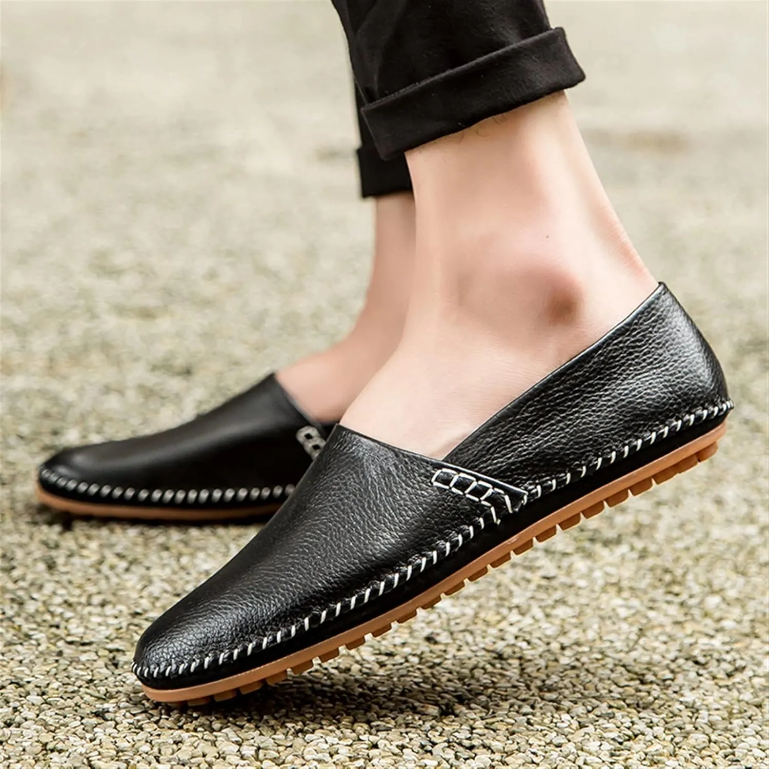 Easy to Put and Remove. Driving Moccasins Loafer Shoes for Men Genuine Leather Round Toe Stitching Details Lightweight Anti-Slip Flexible Walking Slip on for All Occasions