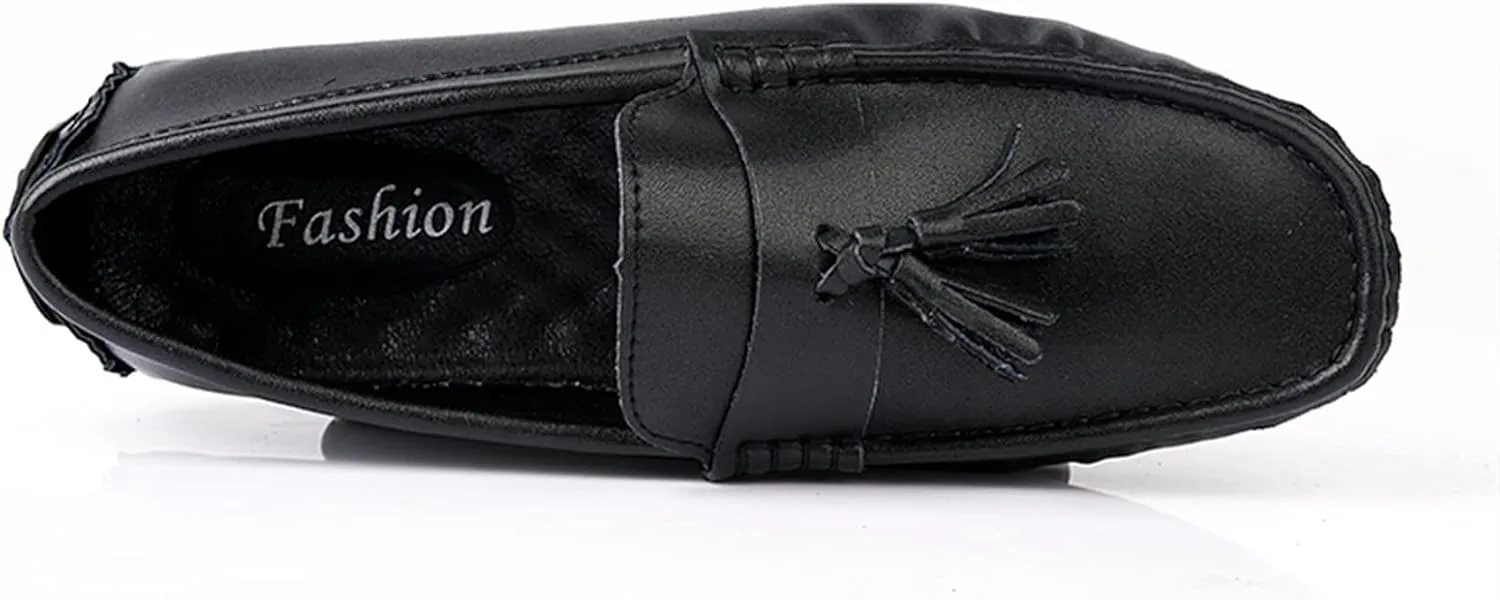 Easy to Put and Remove. Loafer Shoes for Men Genuine Leather Tassel Stitching Details Round Toe Anti-Slip Flat Heel Flexible Driving Slip on for All Occasions
