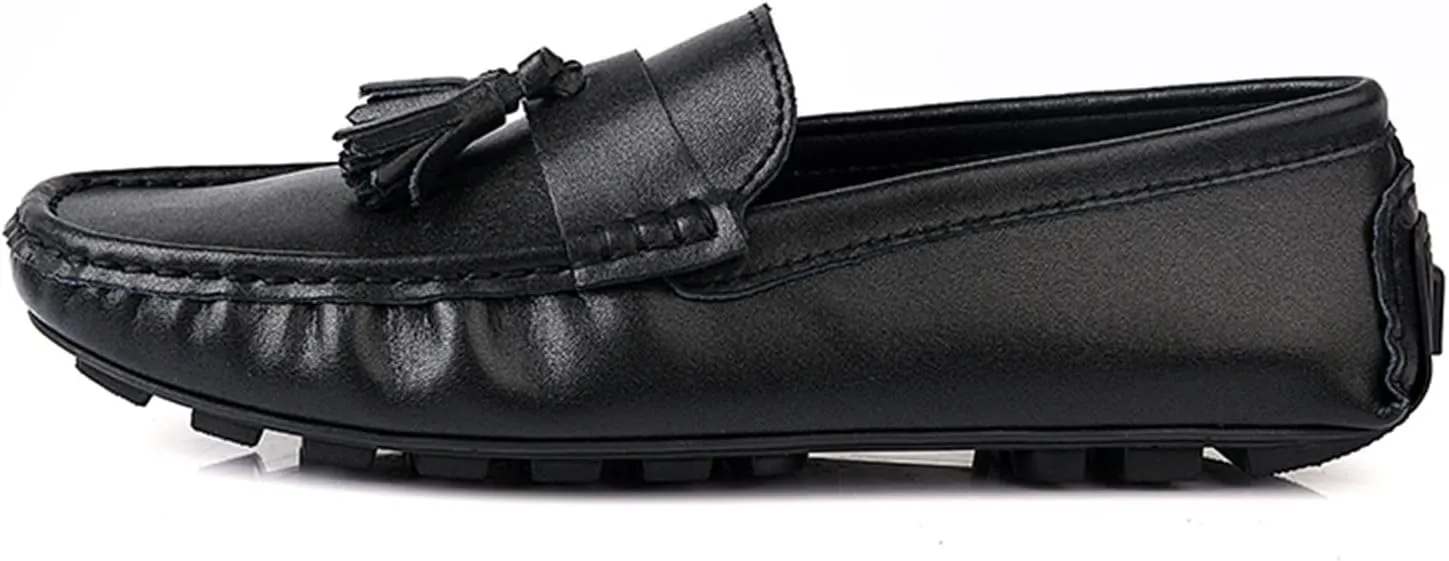 Easy to Put and Remove. Loafer Shoes for Men Genuine Leather Tassel Stitching Details Round Toe Anti-Slip Flat Heel Flexible Driving Slip on for All Occasions