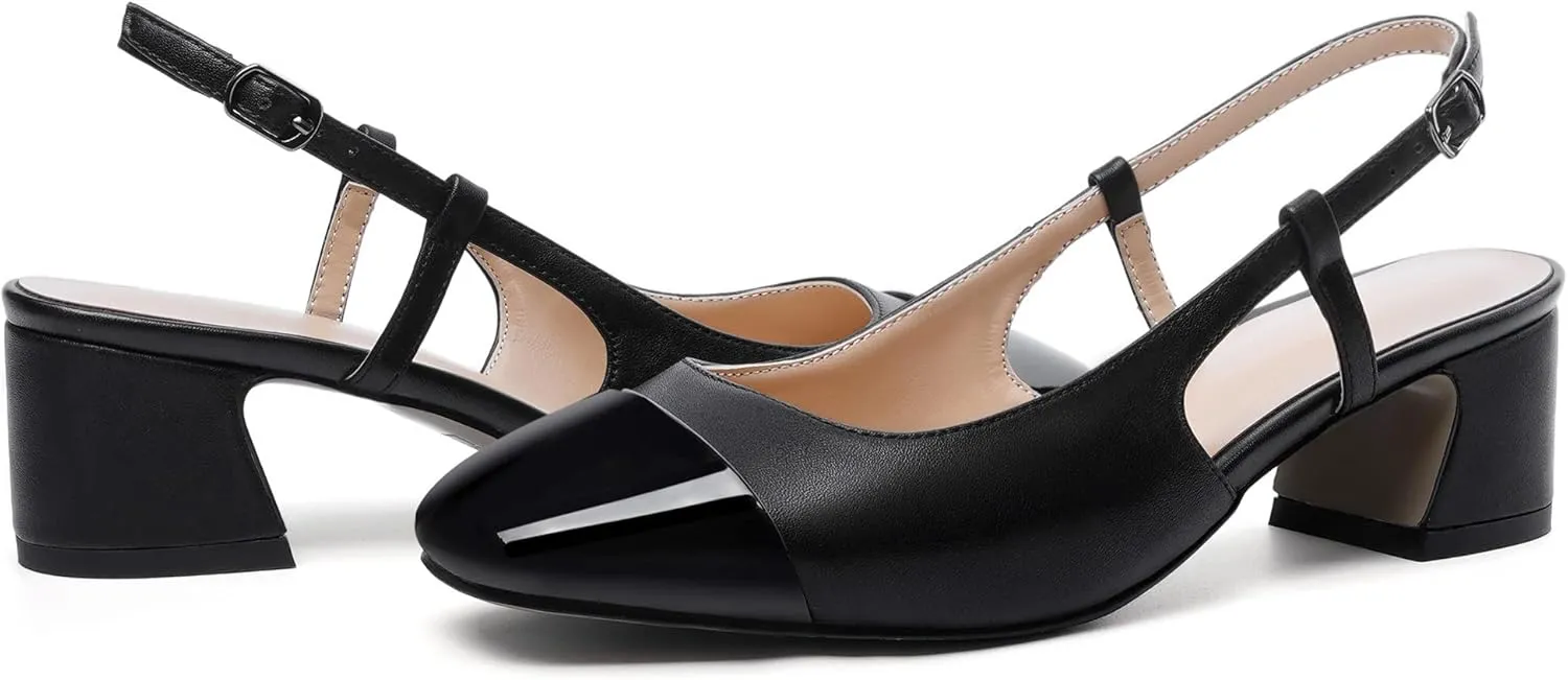 Eldof Women's Slingback Heels Block Pumps Shoes with Square Toe Slip on Heels 2 Inches for Casual Work Daily Life Party
