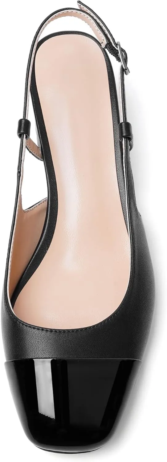 Eldof Women's Slingback Heels Block Pumps Shoes with Square Toe Slip on Heels 2 Inches for Casual Work Daily Life Party