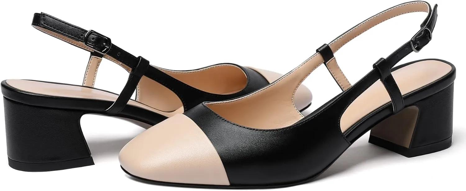Eldof Women's Slingback Heels Block Pumps Shoes with Square Toe Slip on Heels 2 Inches for Casual Work Daily Life Party