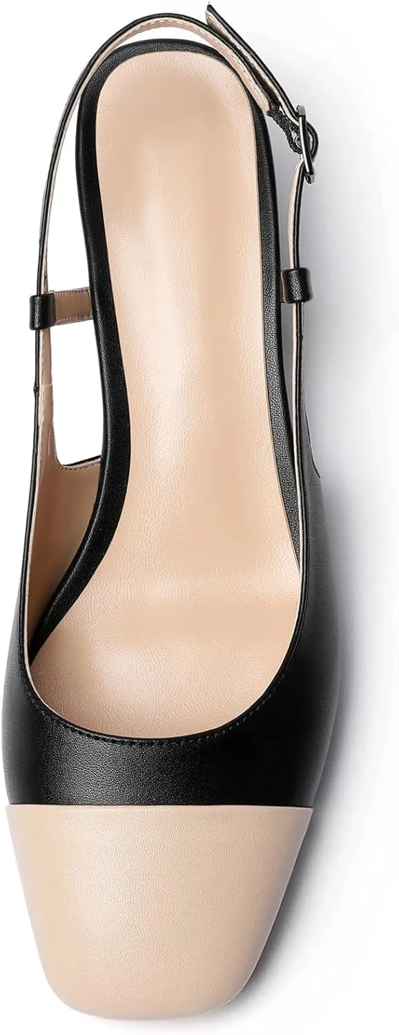 Eldof Women's Slingback Heels Block Pumps Shoes with Square Toe Slip on Heels 2 Inches for Casual Work Daily Life Party