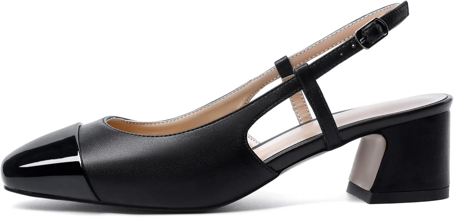 Eldof Women's Slingback Heels Block Pumps Shoes with Square Toe Slip on Heels 2 Inches for Casual Work Daily Life Party