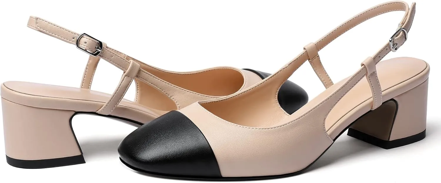 Eldof Women's Slingback Heels Block Pumps Shoes with Square Toe Slip on Heels 2 Inches for Casual Work Daily Life Party
