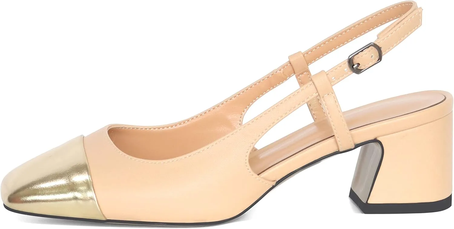 Eldof Women's Slingback Heels Block Pumps Shoes with Square Toe Slip on Heels 2 Inches for Casual Work Daily Life Party