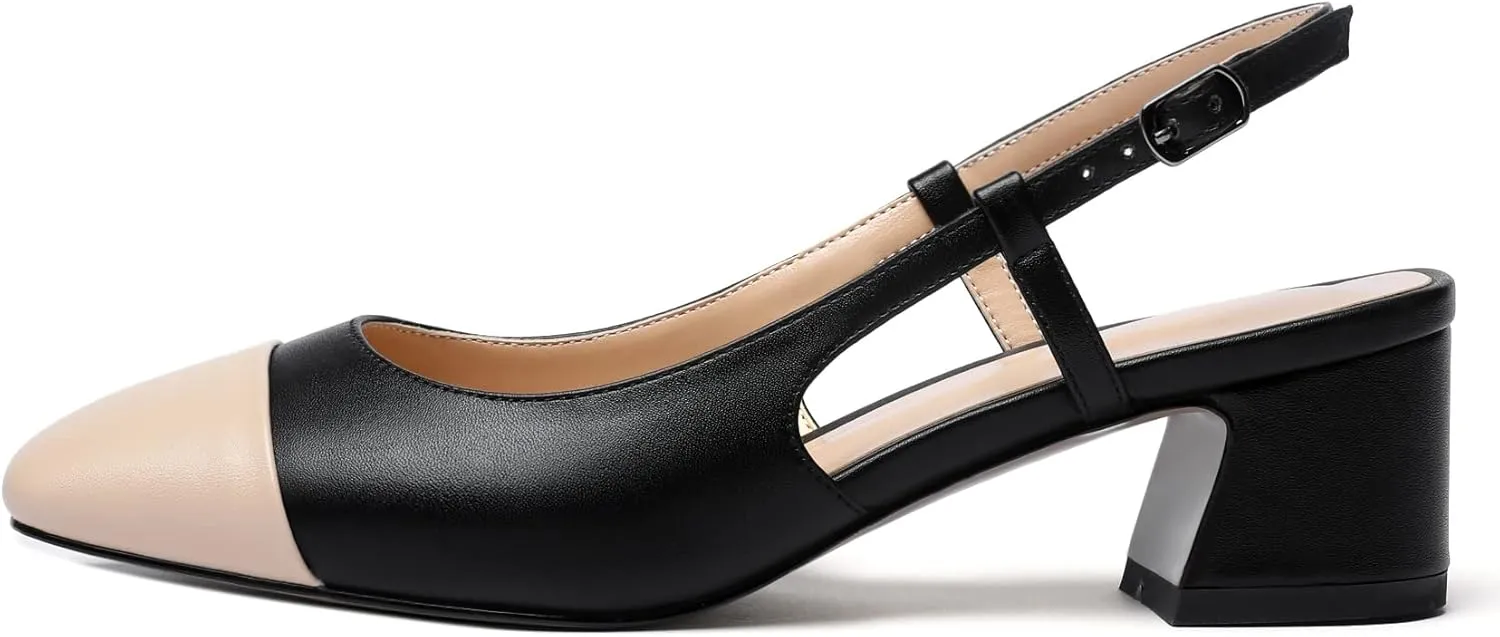 Eldof Women's Slingback Heels Block Pumps Shoes with Square Toe Slip on Heels 2 Inches for Casual Work Daily Life Party