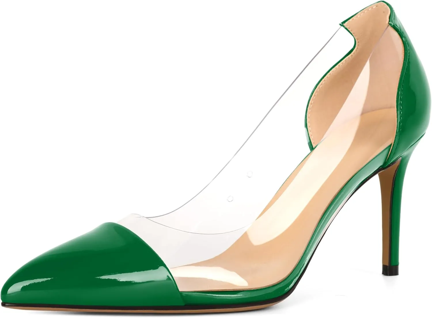 Eldof Women's Stilettos Pumps Pointed Toe Clear Transparent PVC Vamp High Heels Slip on 3 Inch Wedding Dressy Work Shoes