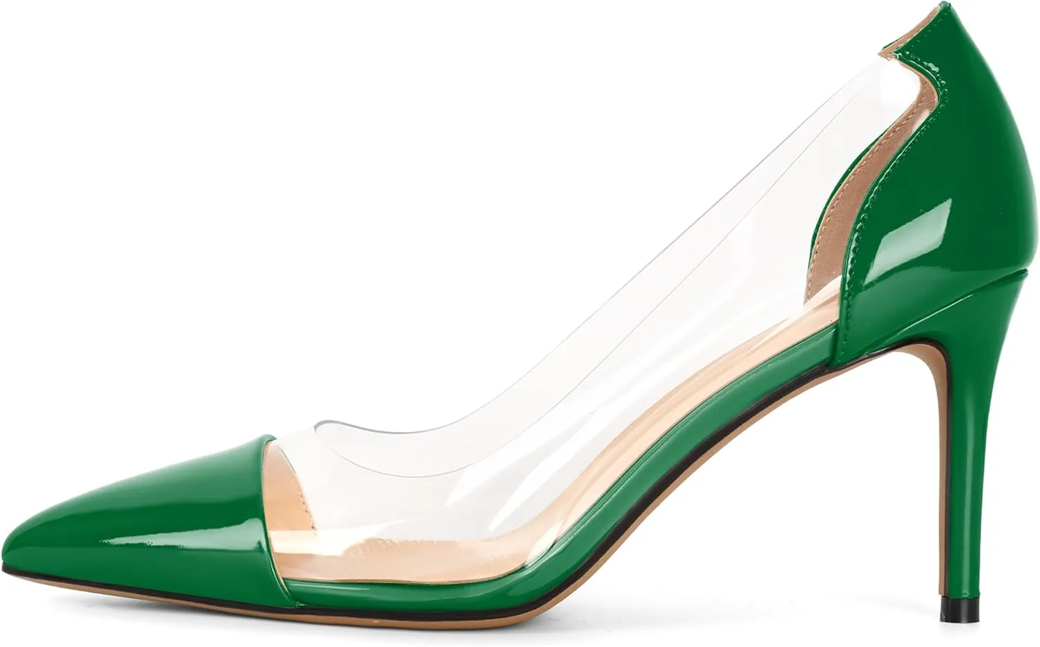 Eldof Women's Stilettos Pumps Pointed Toe Clear Transparent PVC Vamp High Heels Slip on 3 Inch Wedding Dressy Work Shoes
