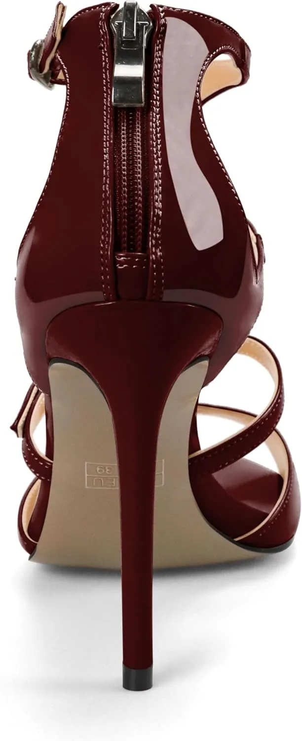 Esvowido Women's High Heel Sandals Open Toe T Strap Heels Stilettos Ankle Strap Pump Shoes Buckle Strappy Heeled with Zipper