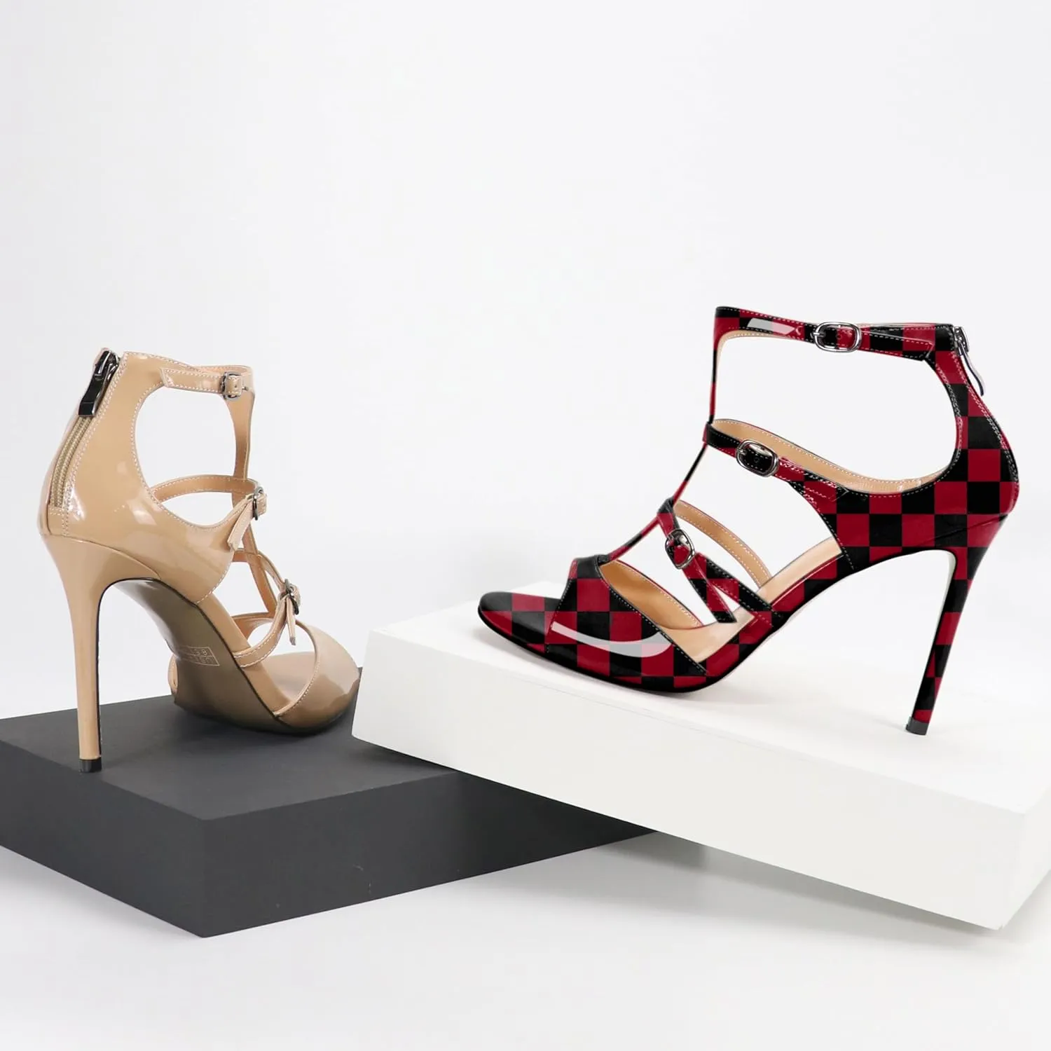 Esvowido Women's High Heel Sandals Open Toe T Strap Heels Stilettos Ankle Strap Pump Shoes Buckle Strappy Heeled with Zipper