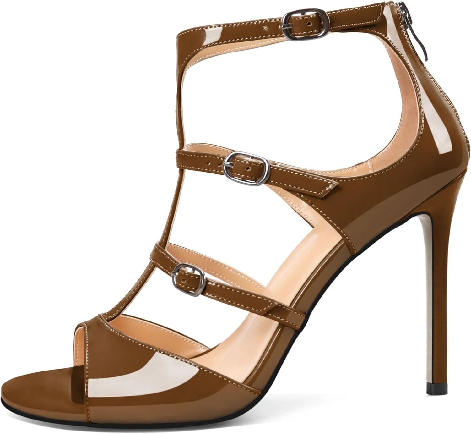 Esvowido Women's High Heel Sandals Open Toe T Strap Heels Stilettos Ankle Strap Pump Shoes Buckle Strappy Heeled with Zipper