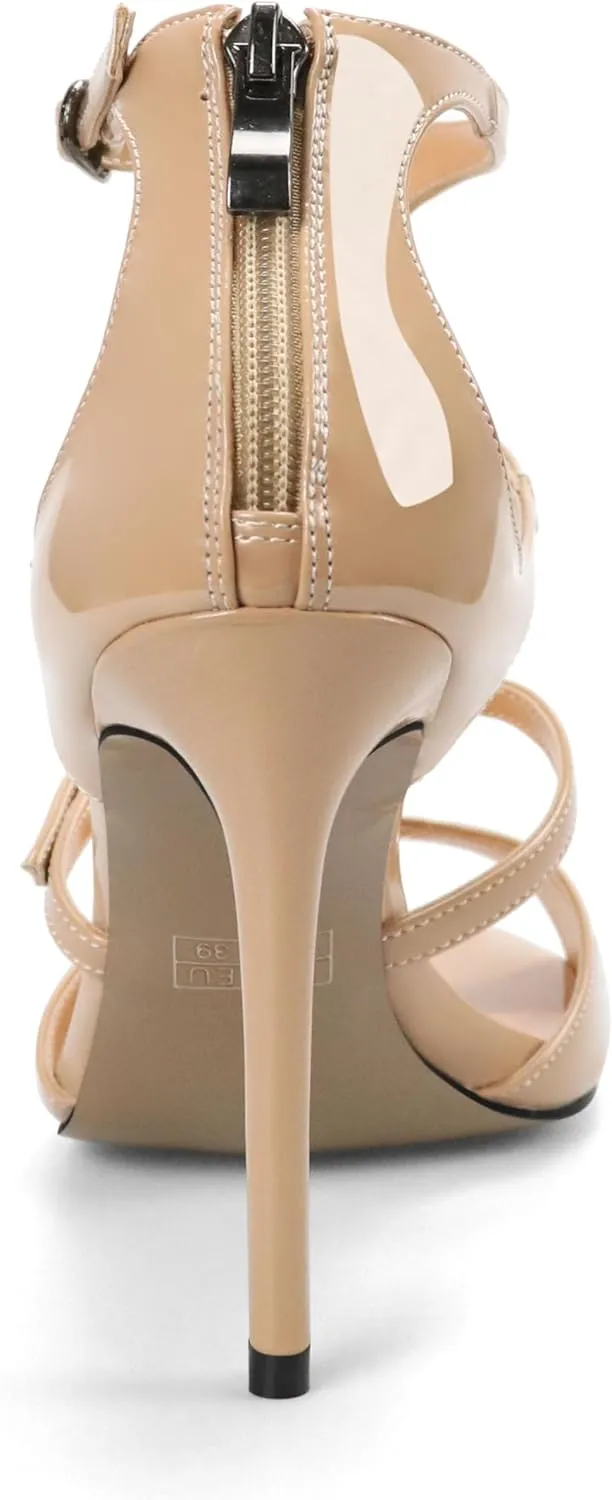 Esvowido Women's High Heel Sandals Open Toe T Strap Heels Stilettos Ankle Strap Pump Shoes Buckle Strappy Heeled with Zipper