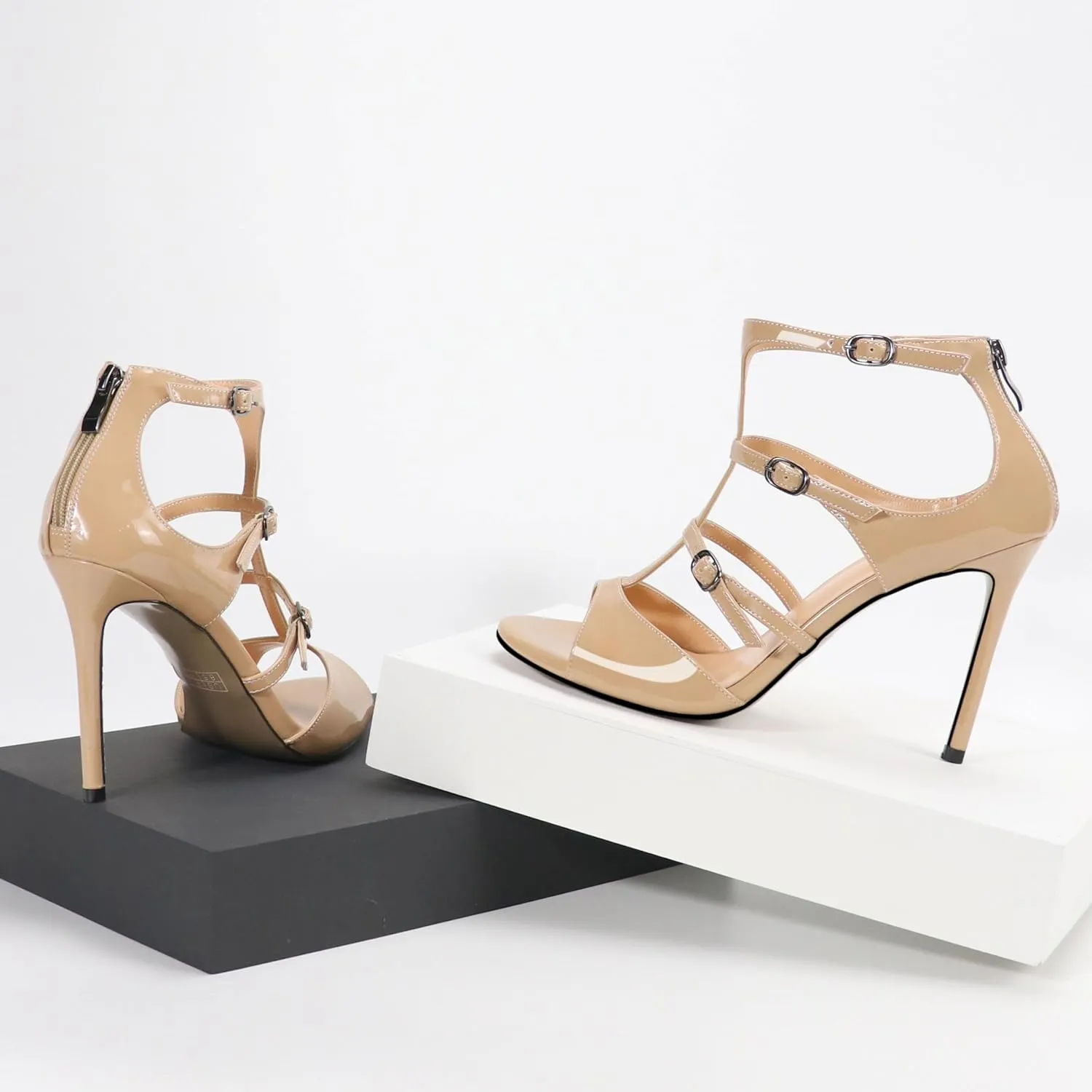 Esvowido Women's High Heel Sandals Open Toe T Strap Heels Stilettos Ankle Strap Pump Shoes Buckle Strappy Heeled with Zipper