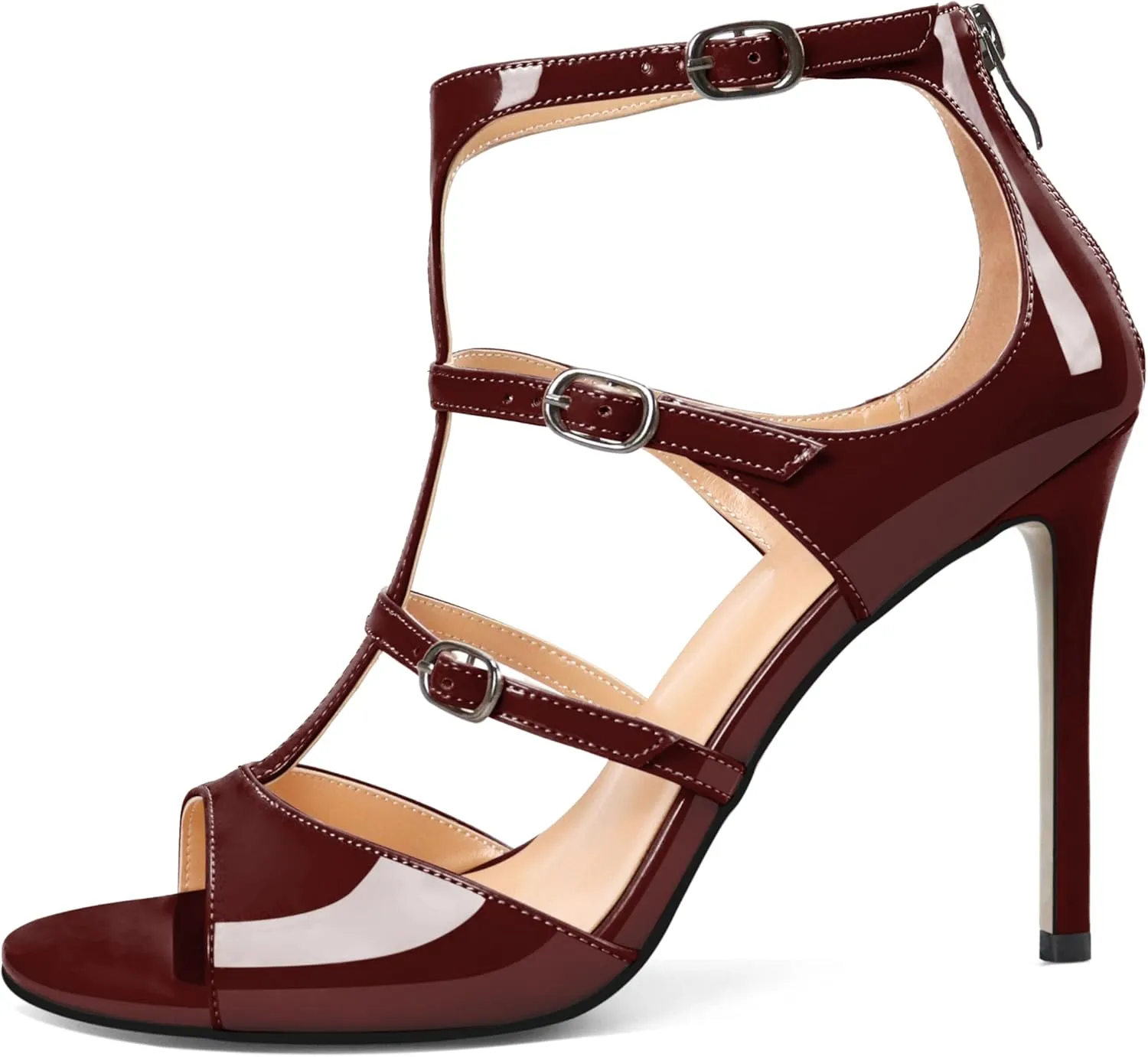 Esvowido Women's High Heel Sandals Open Toe T Strap Heels Stilettos Ankle Strap Pump Shoes Buckle Strappy Heeled with Zipper