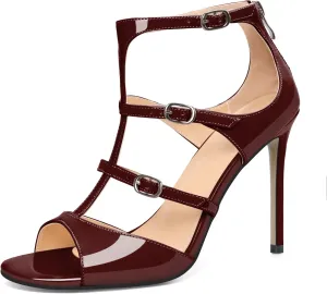 Esvowido Women's High Heel Sandals Open Toe T Strap Heels Stilettos Ankle Strap Pump Shoes Buckle Strappy Heeled with Zipper
