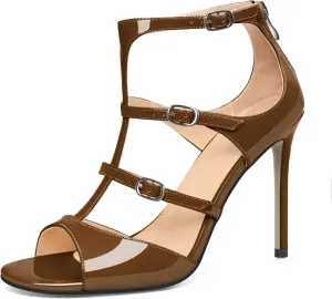 Esvowido Women's High Heel Sandals Open Toe T Strap Heels Stilettos Ankle Strap Pump Shoes Buckle Strappy Heeled with Zipper