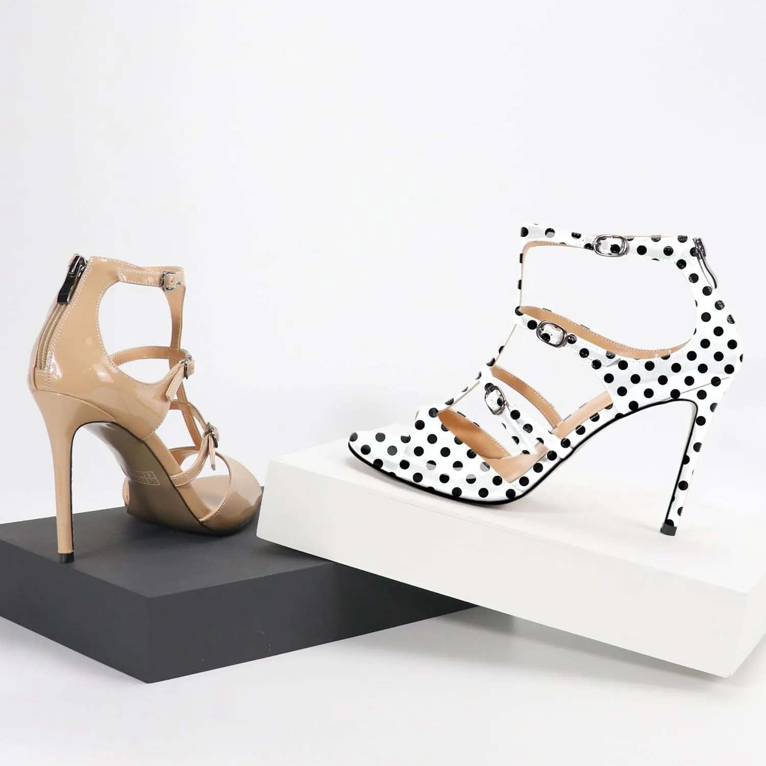Esvowido Women's High Heel Sandals Open Toe T Strap Heels Stilettos Ankle Strap Pump Shoes Buckle Strappy Heeled with Zipper