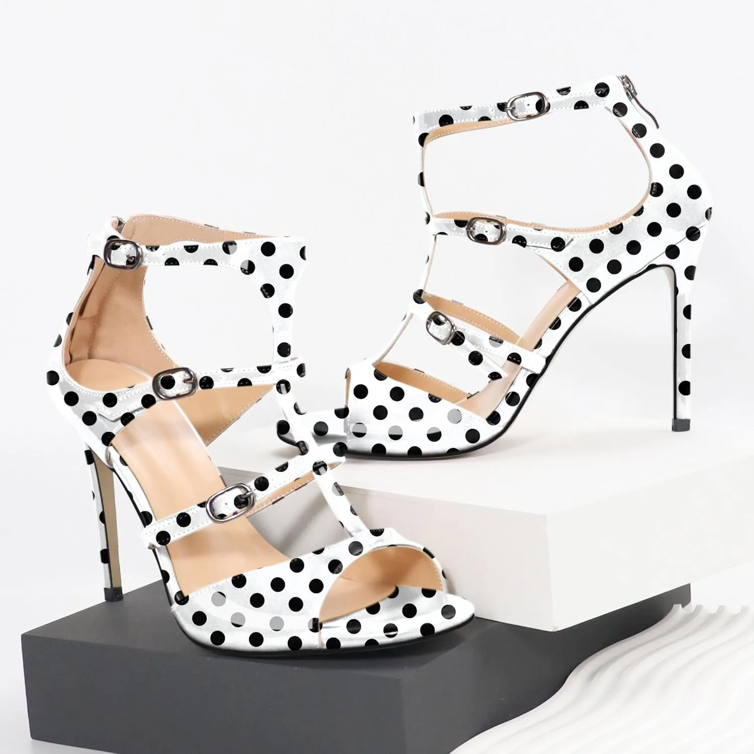 Esvowido Women's High Heel Sandals Open Toe T Strap Heels Stilettos Ankle Strap Pump Shoes Buckle Strappy Heeled with Zipper