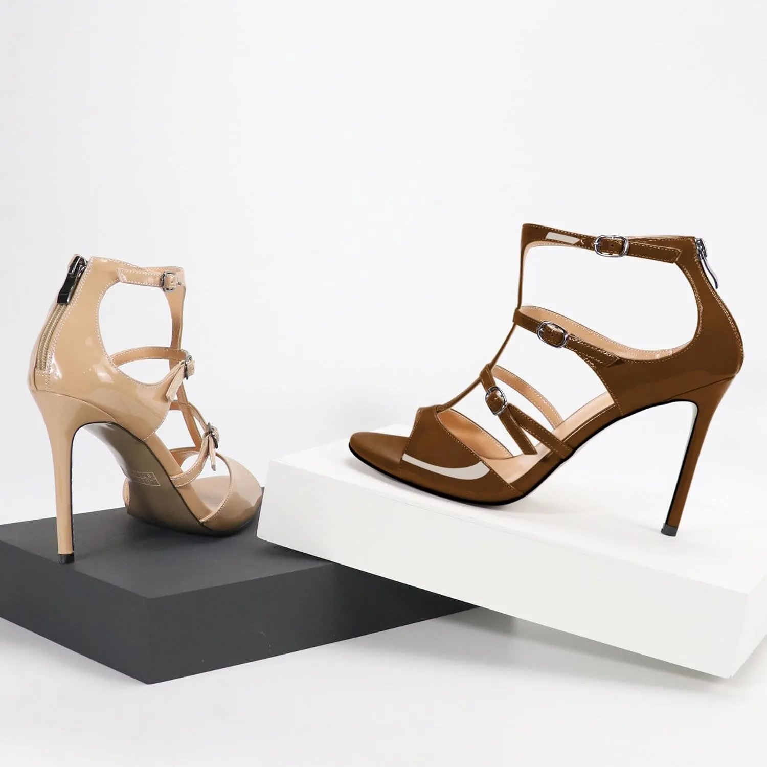 Esvowido Women's High Heel Sandals Open Toe T Strap Heels Stilettos Ankle Strap Pump Shoes Buckle Strappy Heeled with Zipper