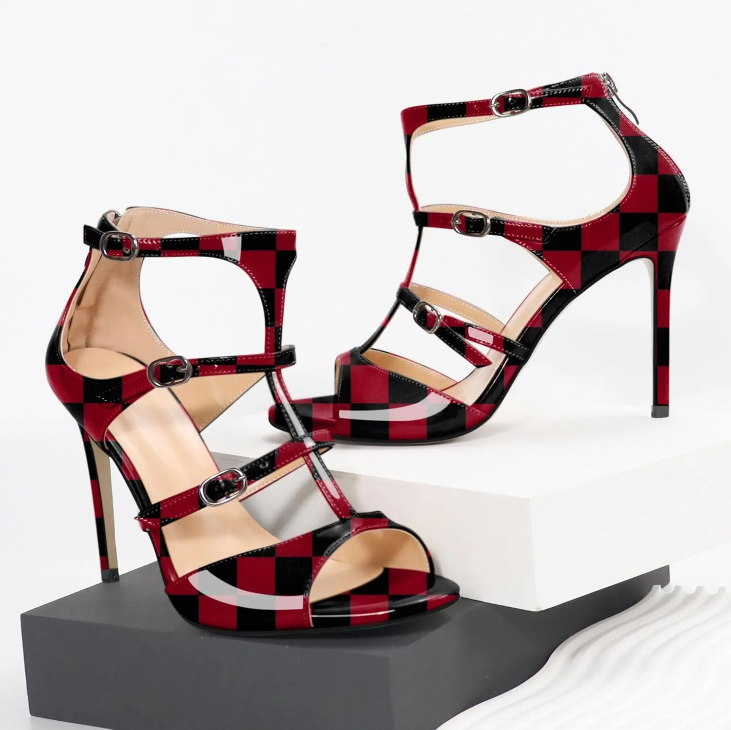 Esvowido Women's High Heel Sandals Open Toe T Strap Heels Stilettos Ankle Strap Pump Shoes Buckle Strappy Heeled with Zipper