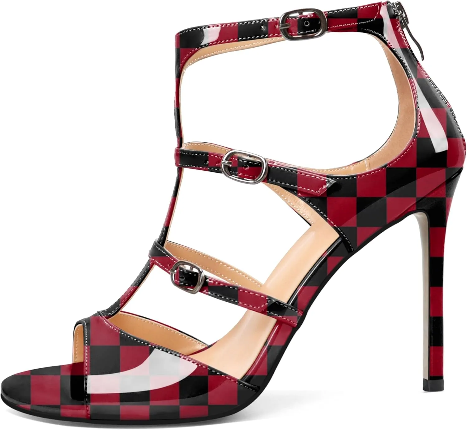 Esvowido Women's High Heel Sandals Open Toe T Strap Heels Stilettos Ankle Strap Pump Shoes Buckle Strappy Heeled with Zipper