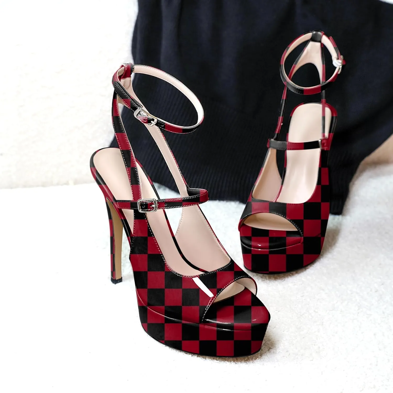Esvowido Women's Peep Toe High Heels Platform Stilettos Ankle Strap Heeled Sandals Strappy Dress Shoes 5 Inch Wedding Party Dress Shoes