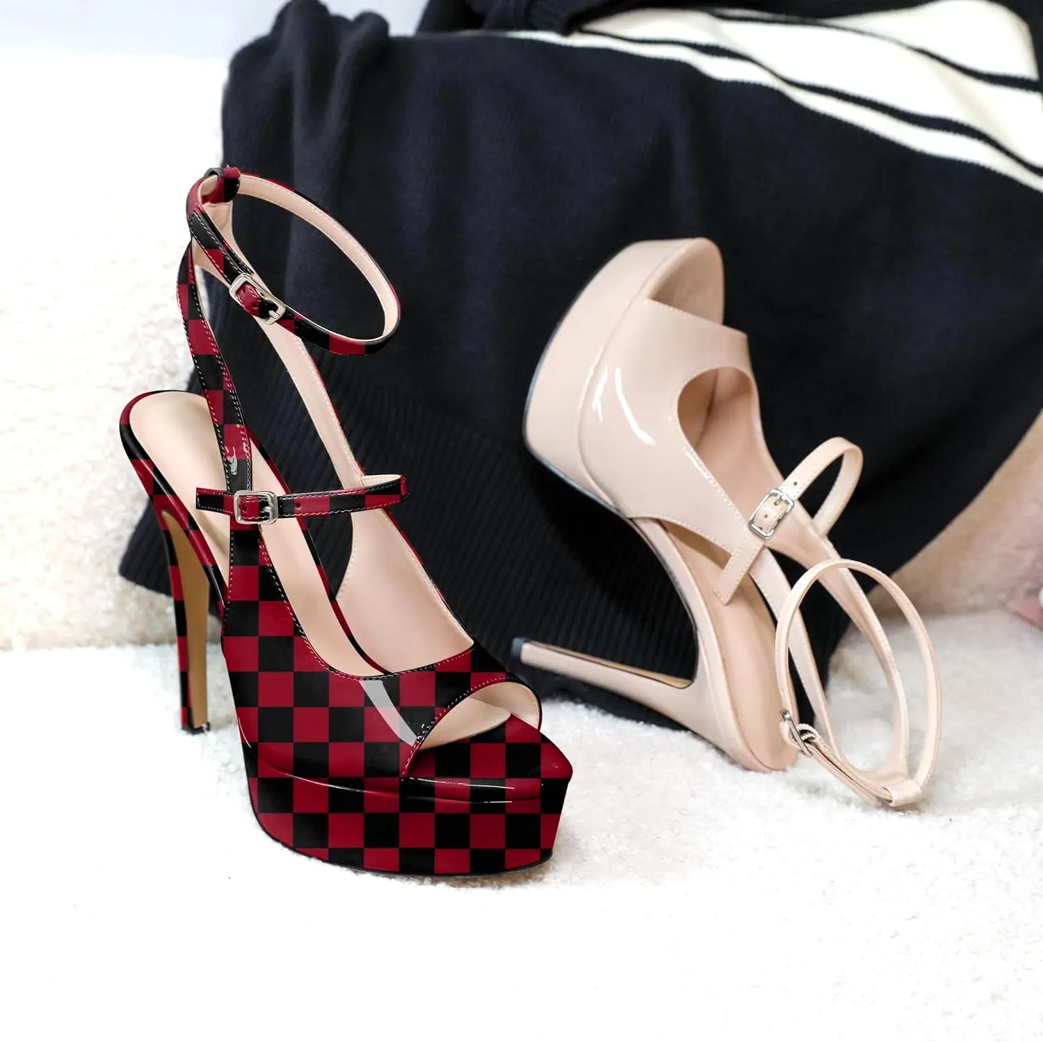 Esvowido Women's Peep Toe High Heels Platform Stilettos Ankle Strap Heeled Sandals Strappy Dress Shoes 5 Inch Wedding Party Dress Shoes