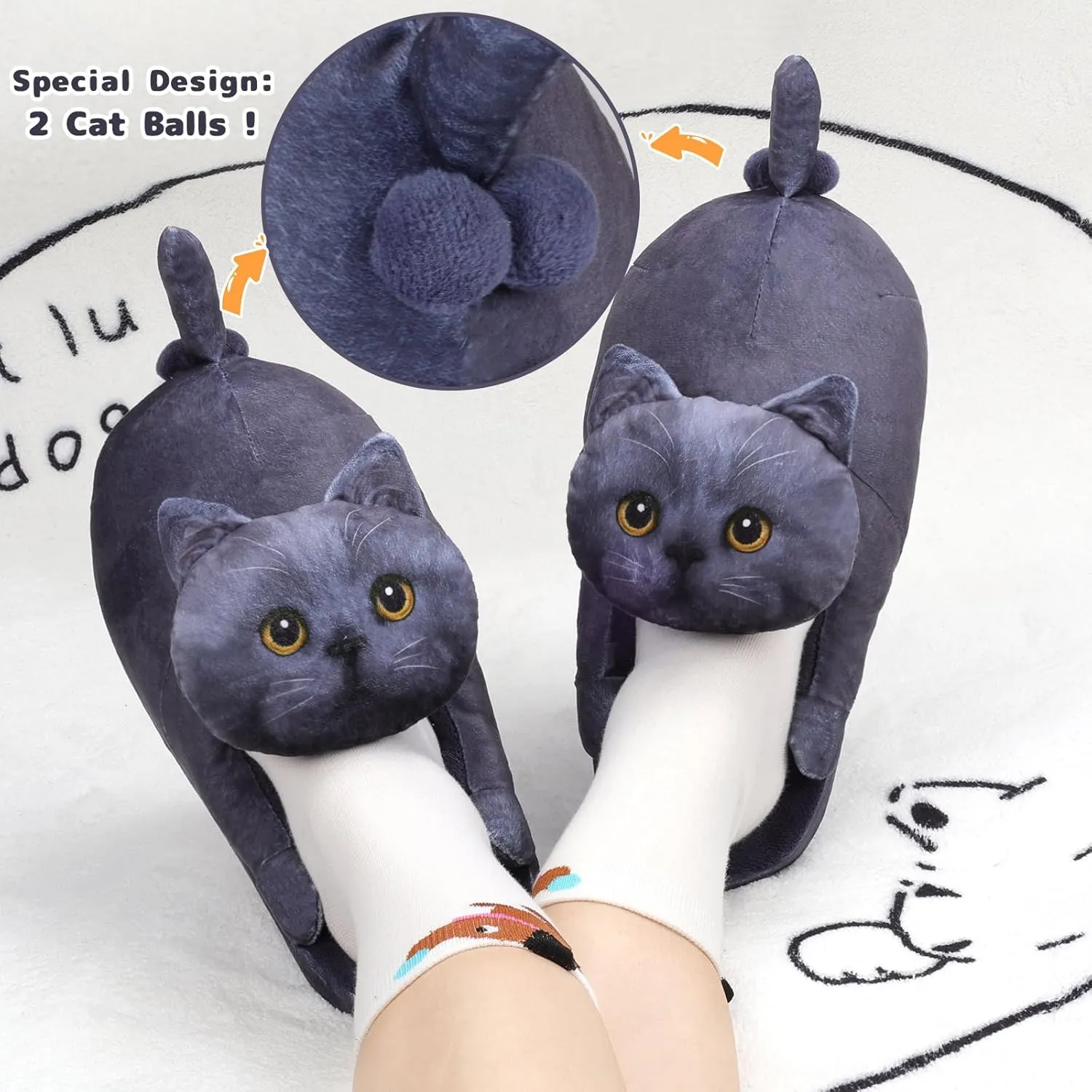 Funny Cat Slippers for Women,Fuzzy Animal Indoor House Shoes with Soft Memory Foam,Comfy Plush Warm Slip-on Slippers,Cat Gifts for Cat Lover