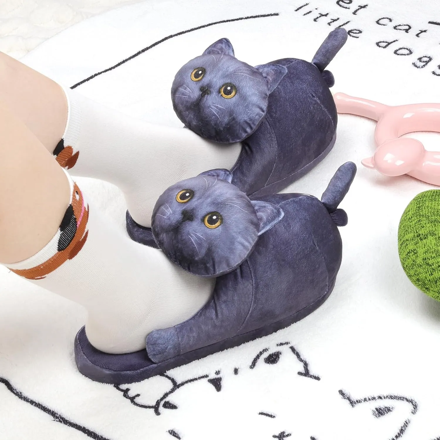 Funny Cat Slippers for Women,Fuzzy Animal Indoor House Shoes with Soft Memory Foam,Comfy Plush Warm Slip-on Slippers,Cat Gifts for Cat Lover