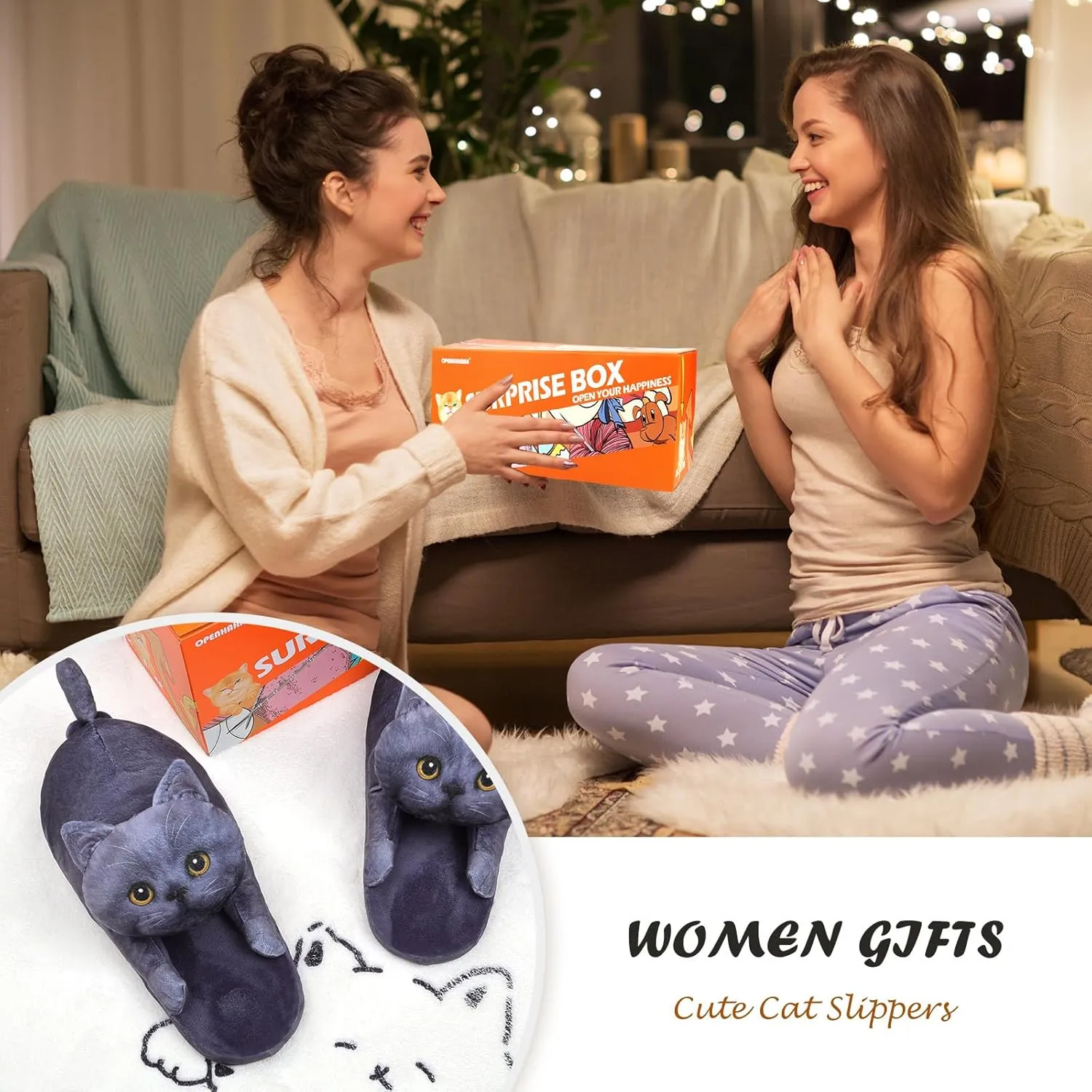 Funny Cat Slippers for Women,Fuzzy Animal Indoor House Shoes with Soft Memory Foam,Comfy Plush Warm Slip-on Slippers,Cat Gifts for Cat Lover