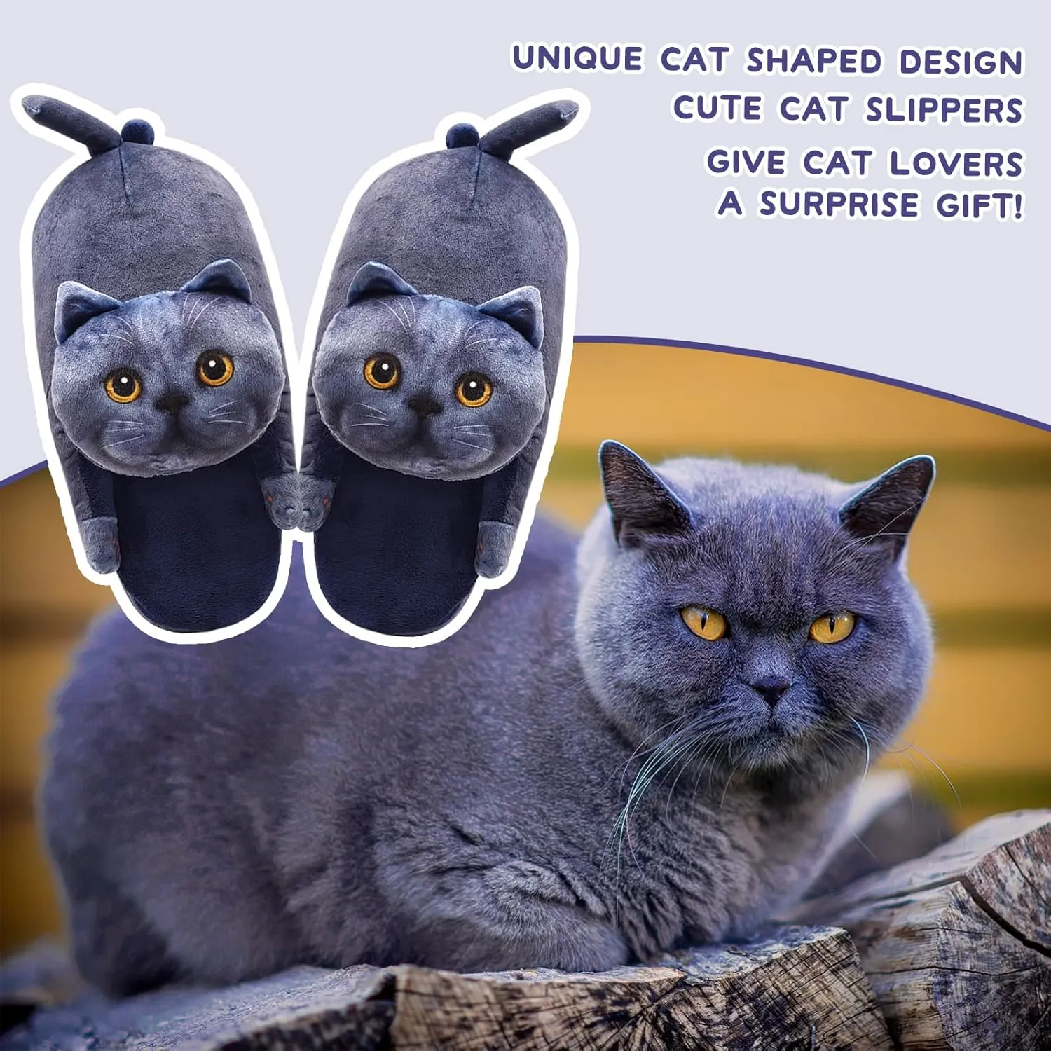 Funny Cat Slippers for Women,Fuzzy Animal Indoor House Shoes with Soft Memory Foam,Comfy Plush Warm Slip-on Slippers,Cat Gifts for Cat Lover
