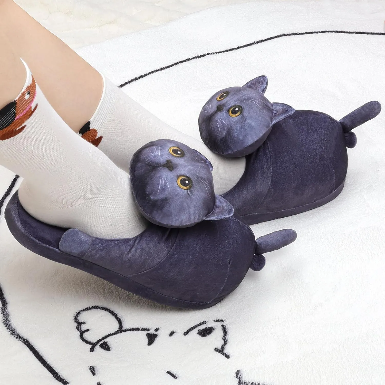 Funny Cat Slippers for Women,Fuzzy Animal Indoor House Shoes with Soft Memory Foam,Comfy Plush Warm Slip-on Slippers,Cat Gifts for Cat Lover