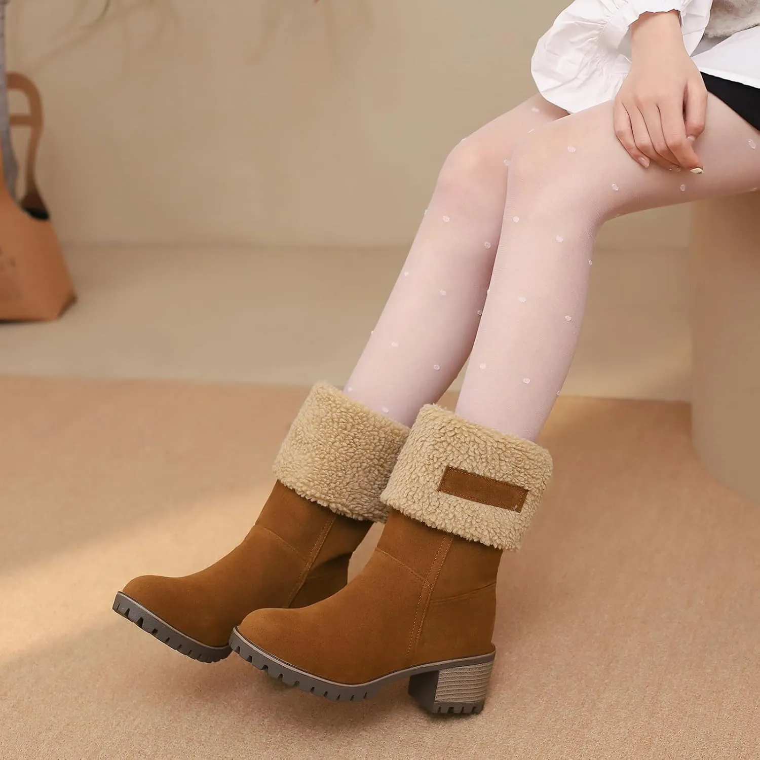 Gicoiz Women Block Heels Warm Mid Calf Snow Boots