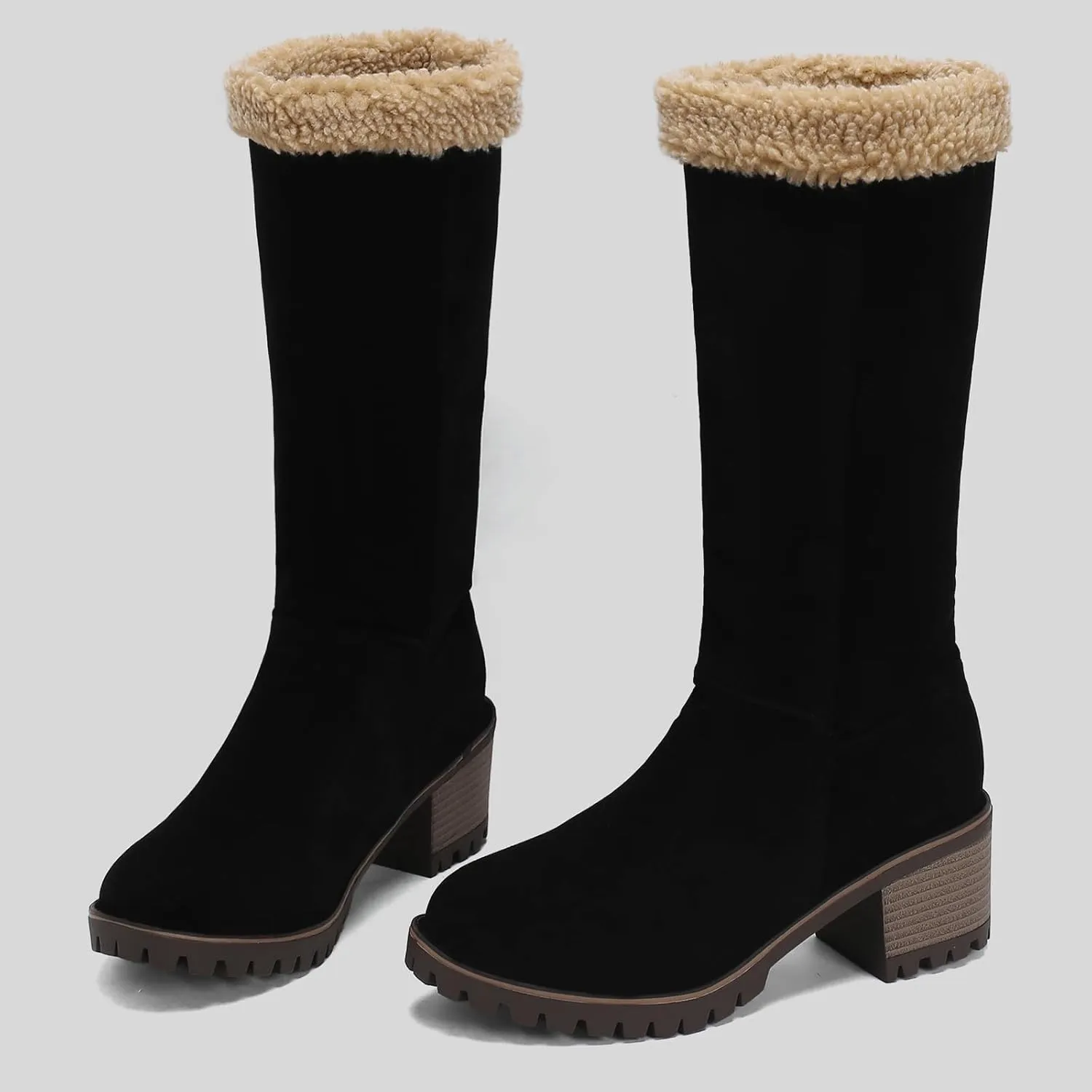 Gicoiz Women Block Heels Warm Mid Calf Snow Boots