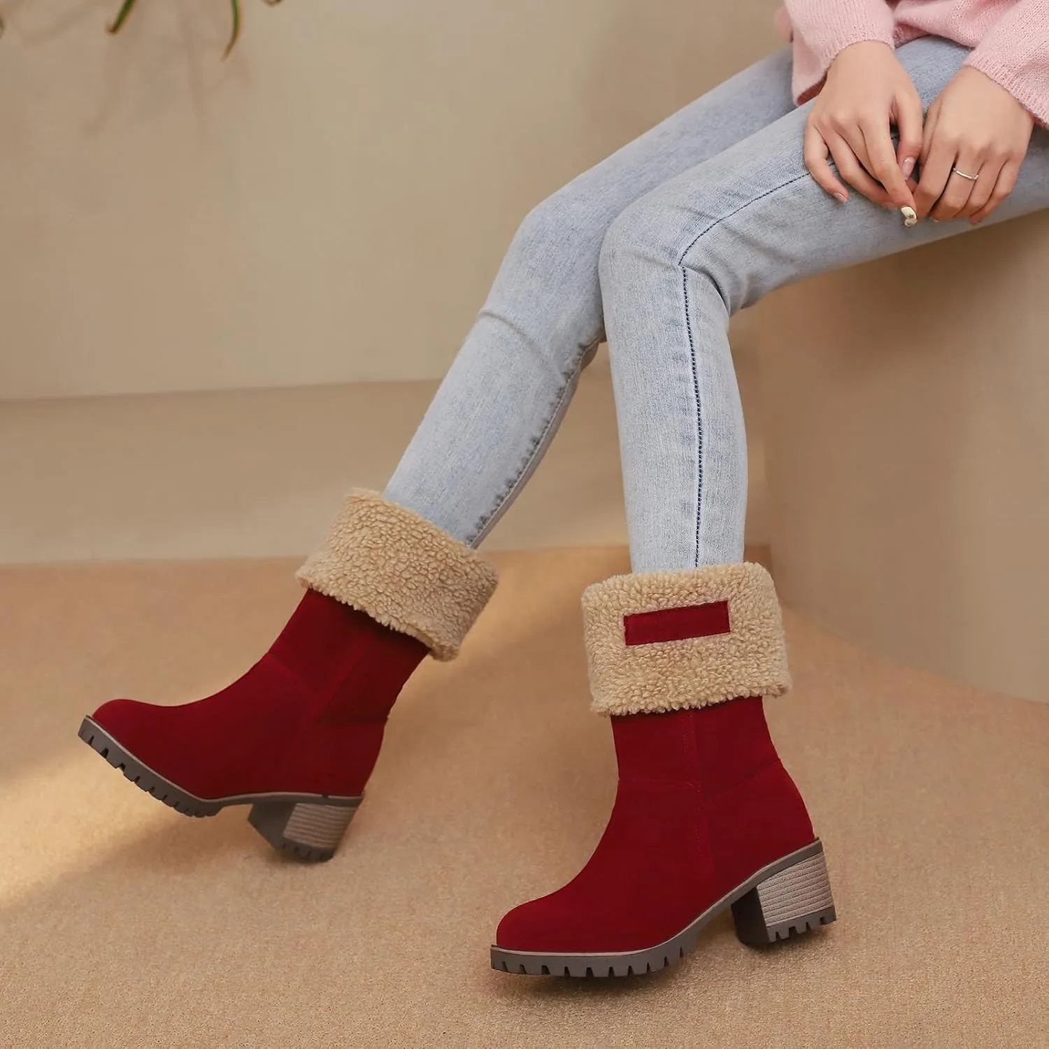 Gicoiz Women Block Heels Warm Mid Calf Snow Boots