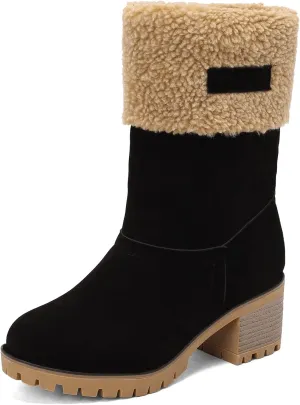 Gicoiz Women Block Heels Warm Mid Calf Snow Boots