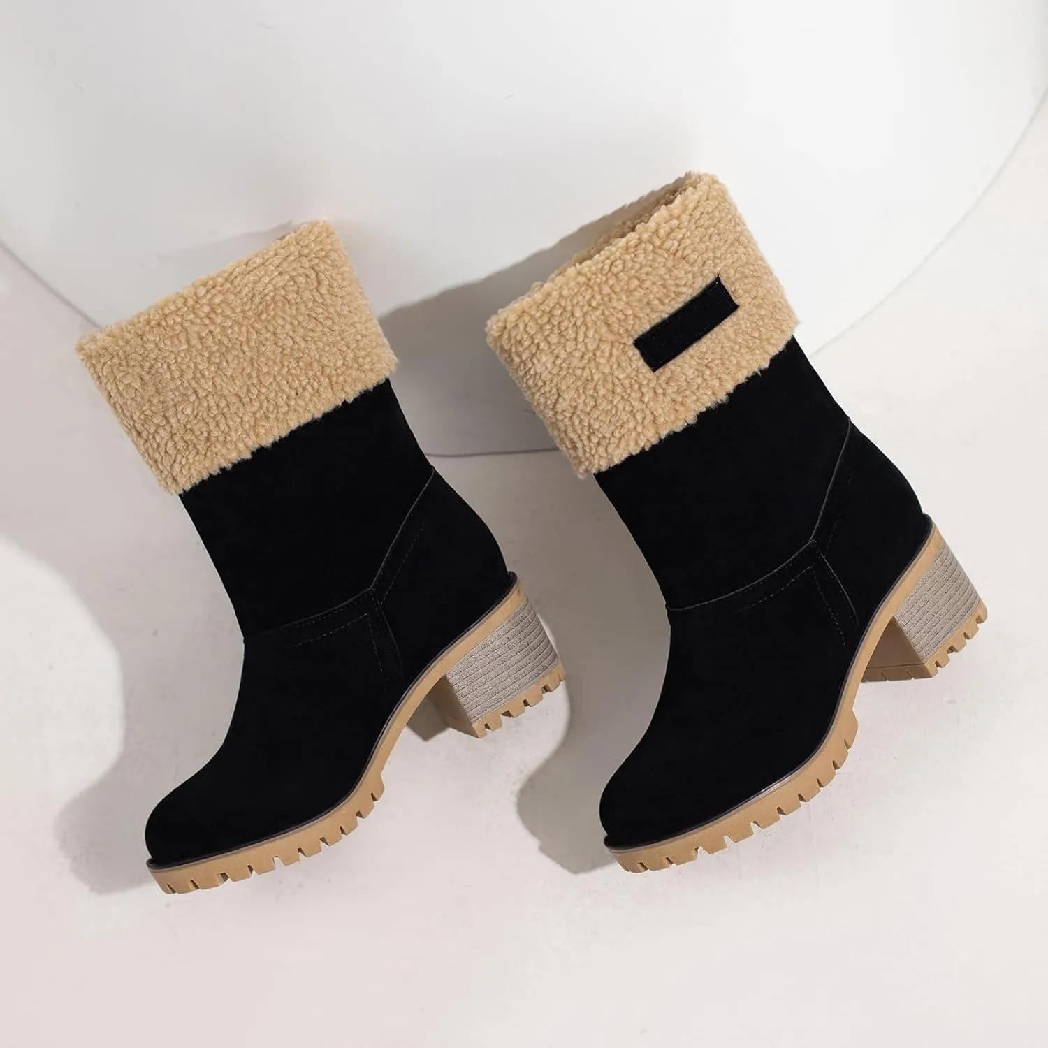 Gicoiz Women Block Heels Warm Mid Calf Snow Boots