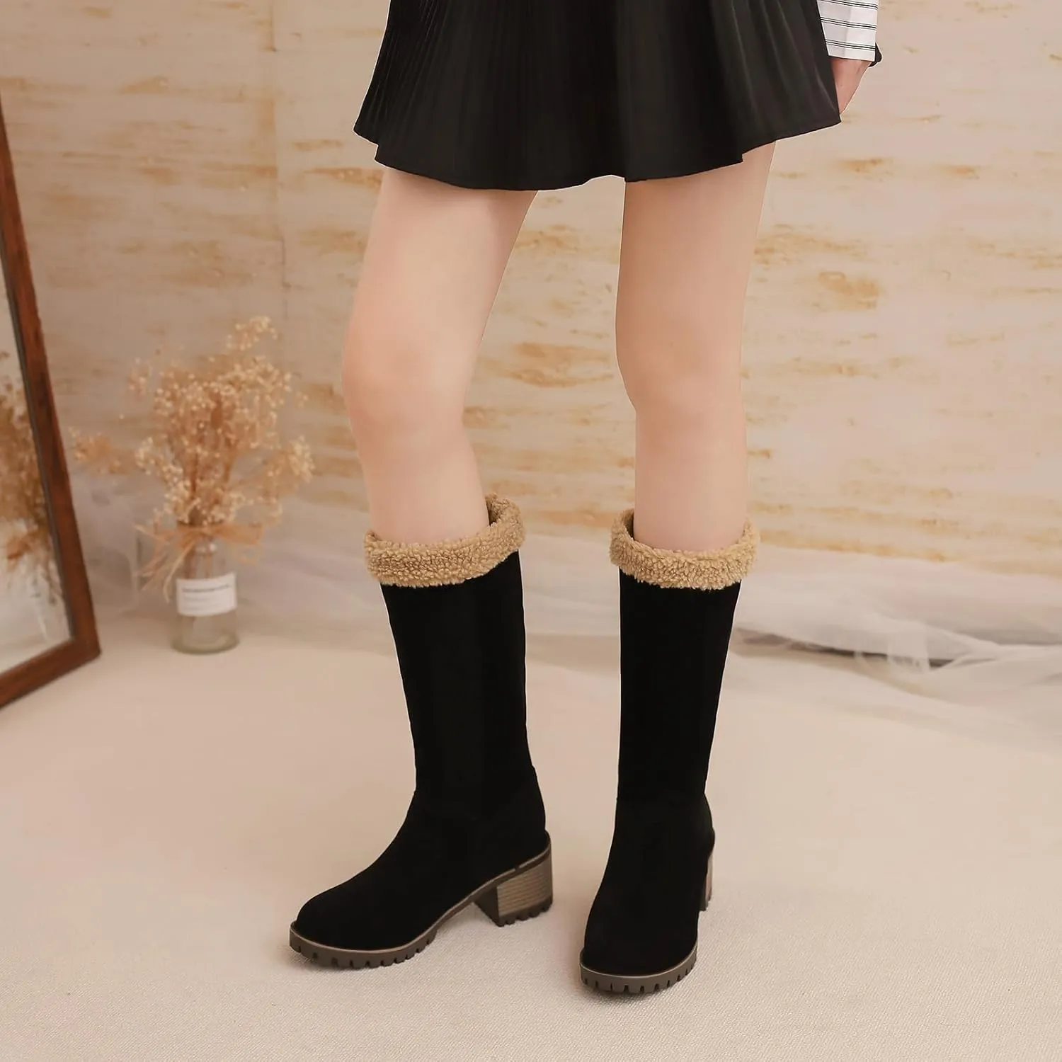 Gicoiz Women Block Heels Warm Mid Calf Snow Boots