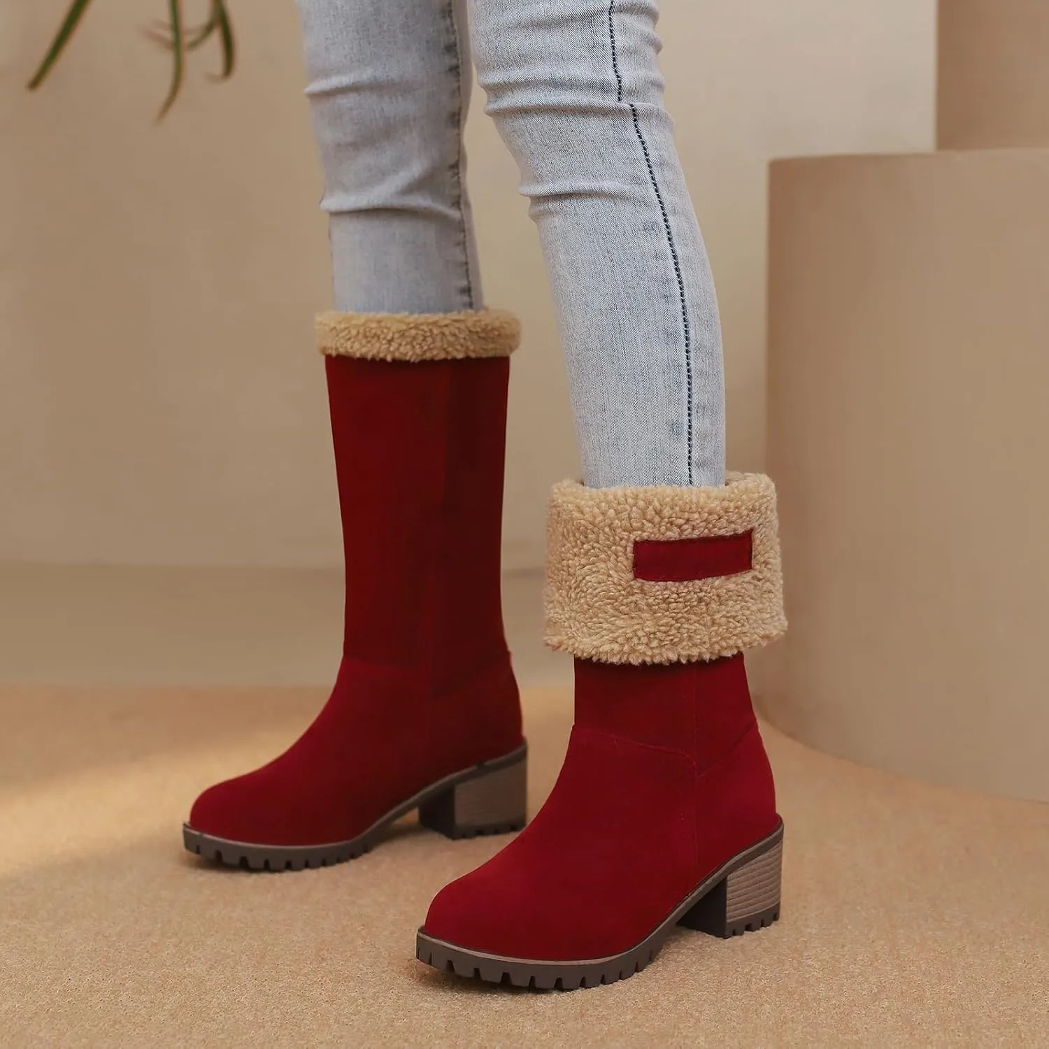 Gicoiz Women Block Heels Warm Mid Calf Snow Boots
