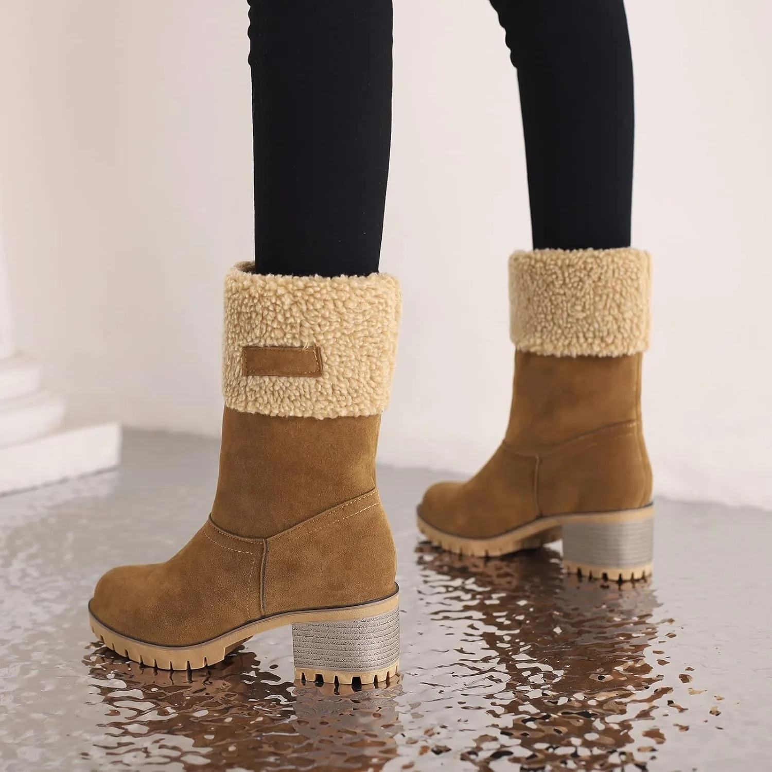 Gicoiz Women Block Heels Warm Mid Calf Snow Boots