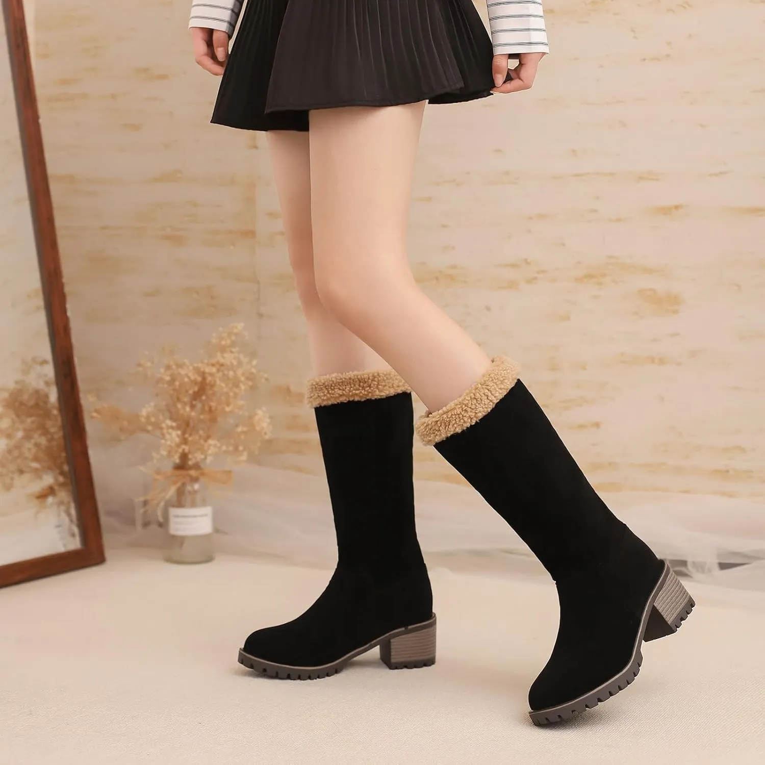 Gicoiz Women Block Heels Warm Mid Calf Snow Boots
