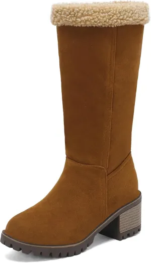 Gicoiz Women Block Heels Warm Mid Calf Snow Boots
