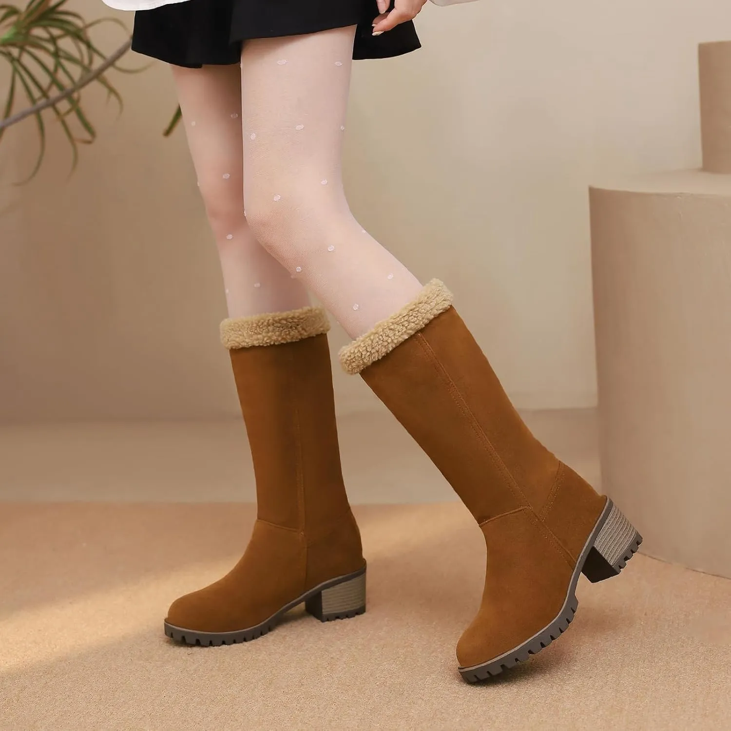 Gicoiz Women Block Heels Warm Mid Calf Snow Boots
